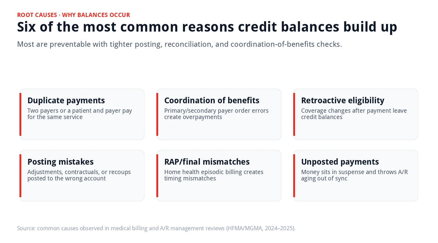 Grid showing six common causes of credit balances: duplicate payments, coordination of benefits, retroactive eligibility, posting mistakes, RAP/final mismatches, unposted payments