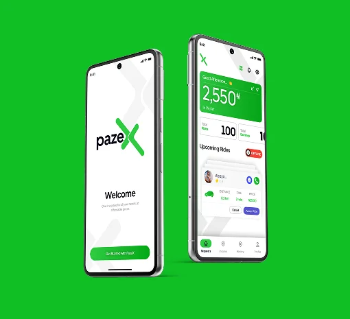 PazeX driver app welcome and earnings dashboard screens, designed and built by Dilijent Systems, a mobile app development company in Austin, Texas