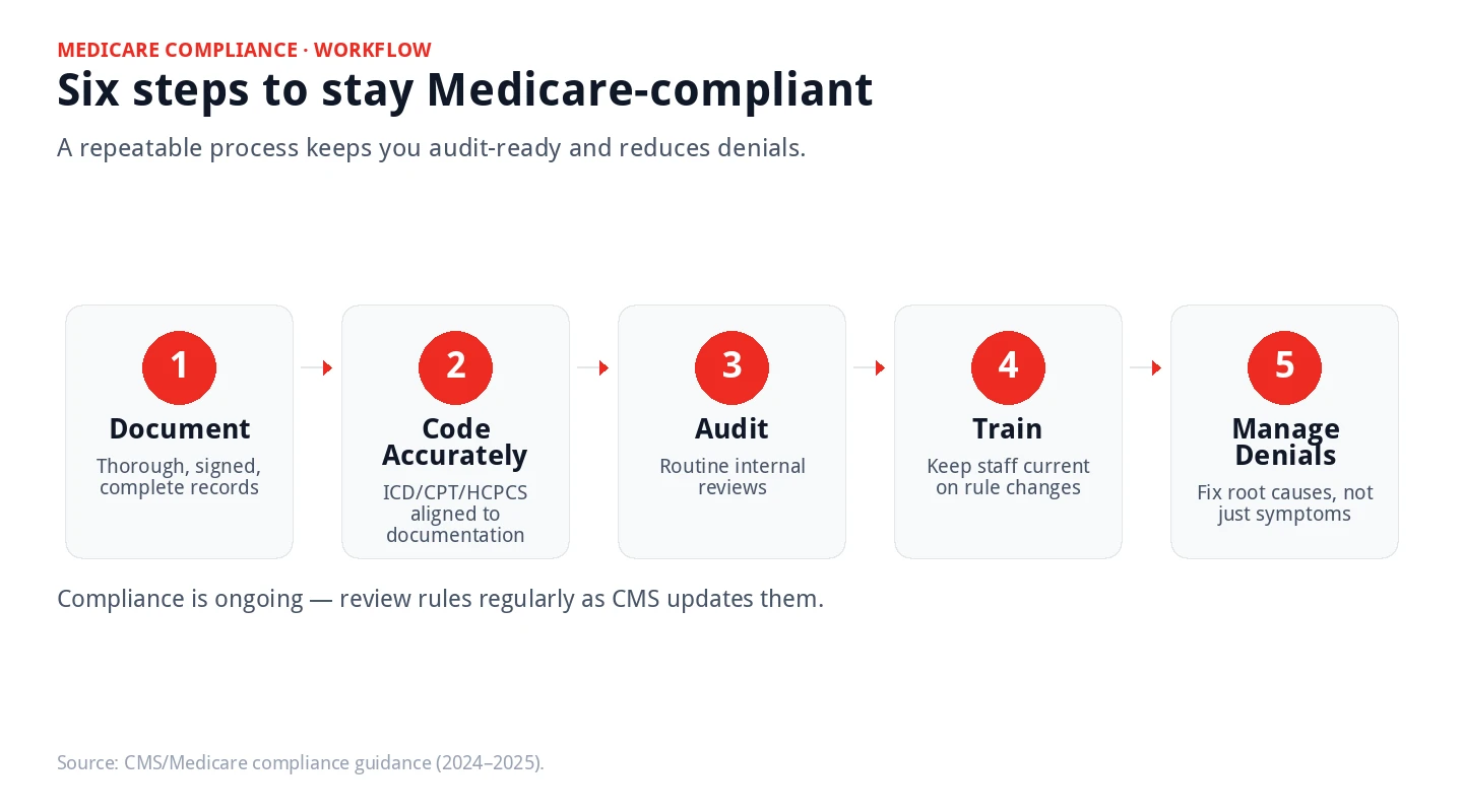 Infographic showing six steps to stay Medicare-compliant: document, code accurately, audit, train, manage denials